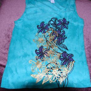 New Green Tank Top with Purple & Gold Flowers L